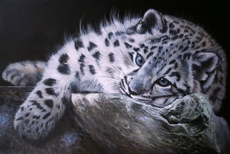 Snow leopard, snowleopard, cub, art, pisici, painting, pictura, pip mcgarry, cute, panthera uncia, HD wallpaper