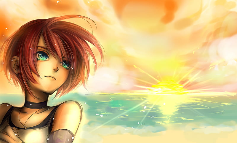 Kairi, video game, sunset, kingdom hearts, sea, short hair, ocean water, anime, tank top, HD wallpaper