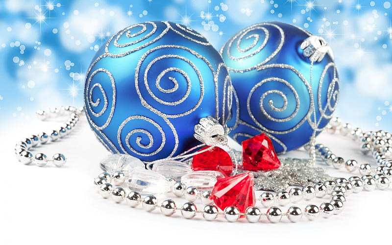 Blue Christmas !, red, merry christmas, balls, ribbon, decorations ...