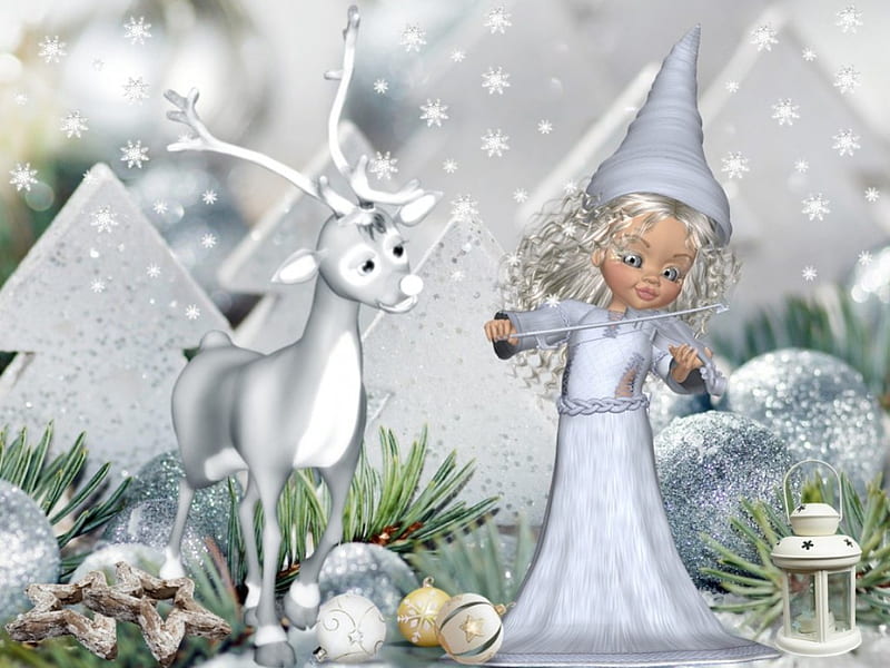 Silver Christmas, christmas, snow, elf, reindeer, xmas, winter, HD wallpaper