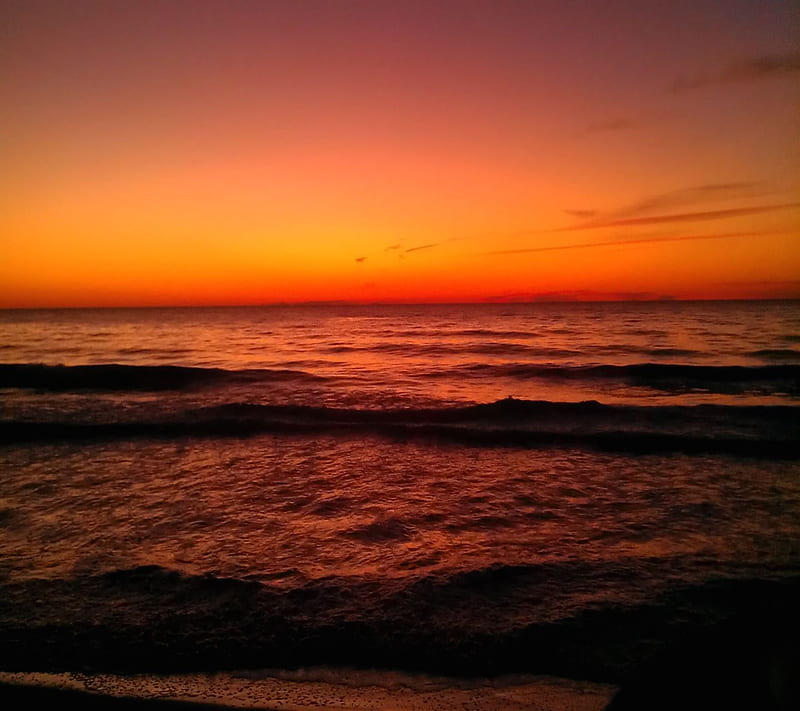 Orange Sunset, bonito, clouds, dark, ocean, pretty, sea, sky, water, wave, HD wallpaper