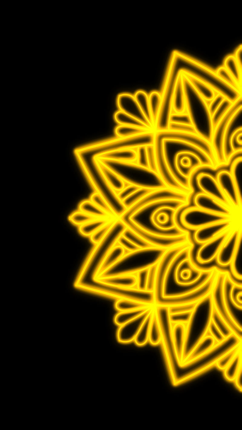 Shine mandala 1, Abstract, Love, beauty, black, circle, dots, flower, gloss, glossy, glow, glowing, gold, golden, light, lines, magic, neon, orange, ornament, ornate, pattern, petal, petals, round, sparkle, yellow, HD phone wallpaper