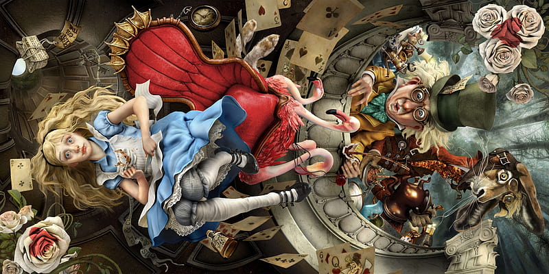 We are all mad here, alice, luminos, wonderland, heather theurer, art, red, madhatter, rose, fantasy, bunny, blue, HD wallpaper