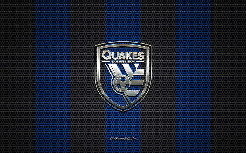 San Jose Earthquakes logo, American soccer club, metal emblem, blue black metal mesh background, San Jose Earthquakes, MLS, San Jose, California, USA, soccer, HD wallpaper