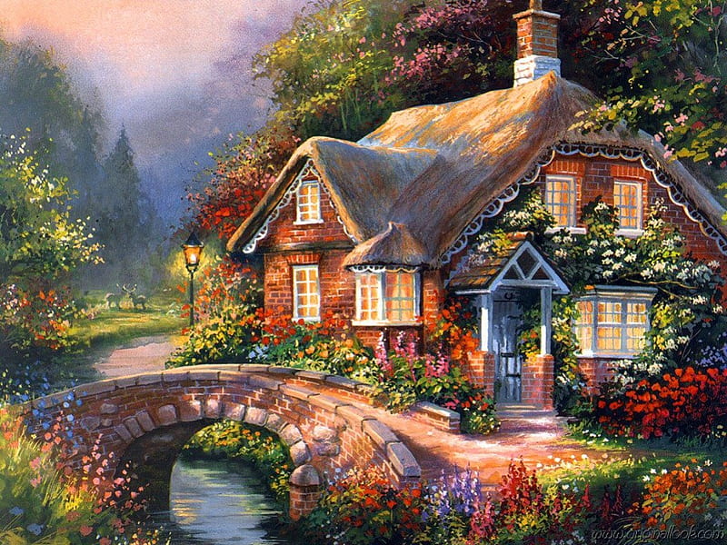 House in paradise, stream, pretty, colorful, house, cottage, home, cabin, bonito, nice, bridge, painting, flowers, river, forest, quiet, calmness, cozy, lovely, creek, trees, water, serenity, paradise, peaceful, summer, HD wallpaper