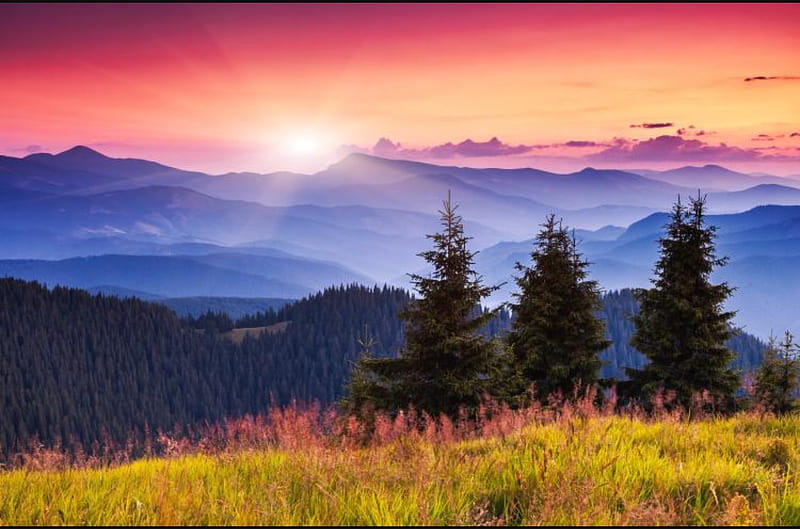 Sunrise at the Carpathians, Ukraine, mountains, dusk, colors, twilight, trees, sky, HD wallpaper