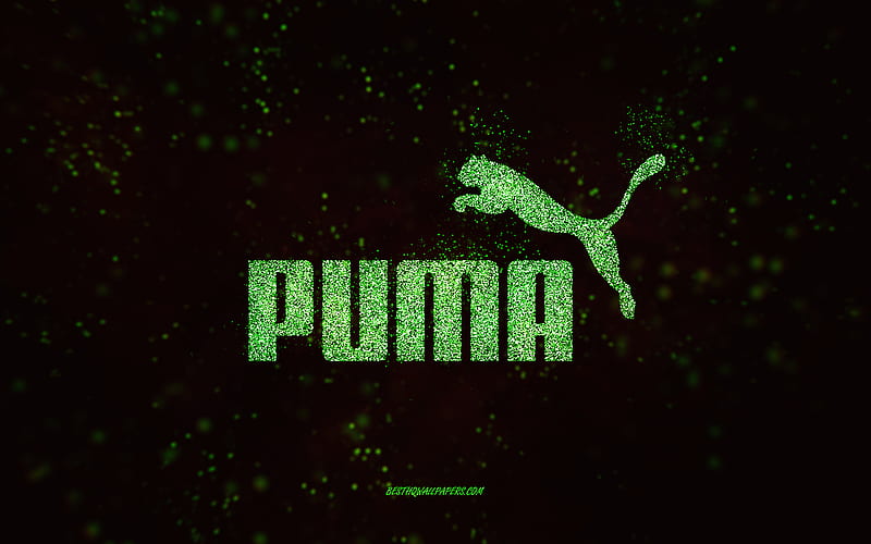 Puma glitter logo, , black background, Puma logo, green glitter art, Puma, creative art, Puma green glitter logo, HD wallpaper