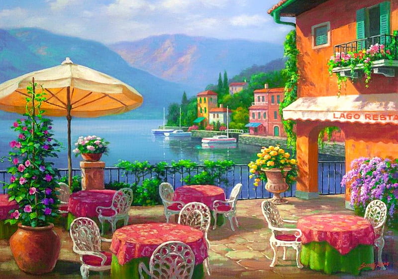 Lakeside cafe, colorful, cafe, que, mountain, painting, village, flowers, art, view, houses, town, lake, lakeside, coffee, peaceful, summer, bay, coast, HD wallpaper