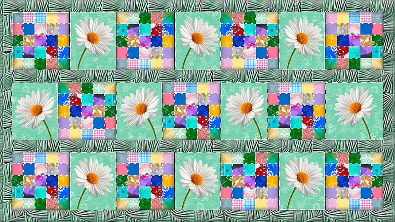 Patches and Petals, daisies, stitches, patchwork, green, HD wallpaper