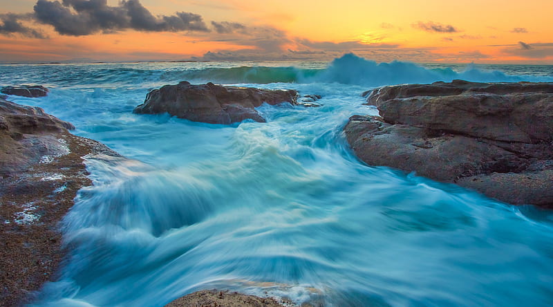 Sea Waves, Shore, Orange Sunrise Ultra, Nature, beach, Sunrise, Blue, Orange, Shore, Waves, HD wallpaper