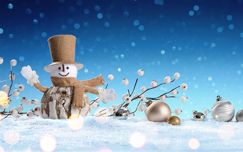 winter, snowman, Christmas, snow, Christmas golden balls, New Year, HD wallpaper