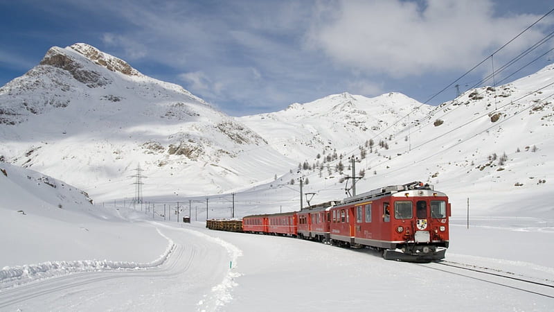Scenic Tour, train, snow, mountains, nature, clouds, sky, winter, HD wallpaper
