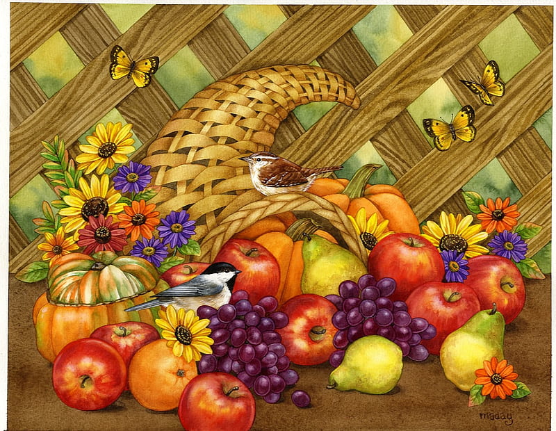 Cornucopia, apple, fruit, art, autumn, butterfly, bird, HD wallpaper