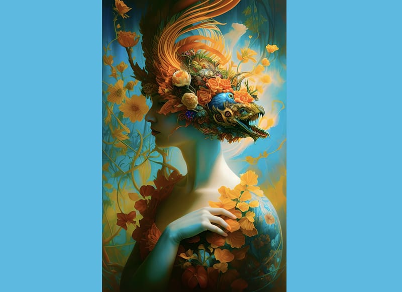 Fantasy woman - 2, exceptional, green orange, pretty, floral, flowers, special, beauty, woman, AI Art, HD wallpaper