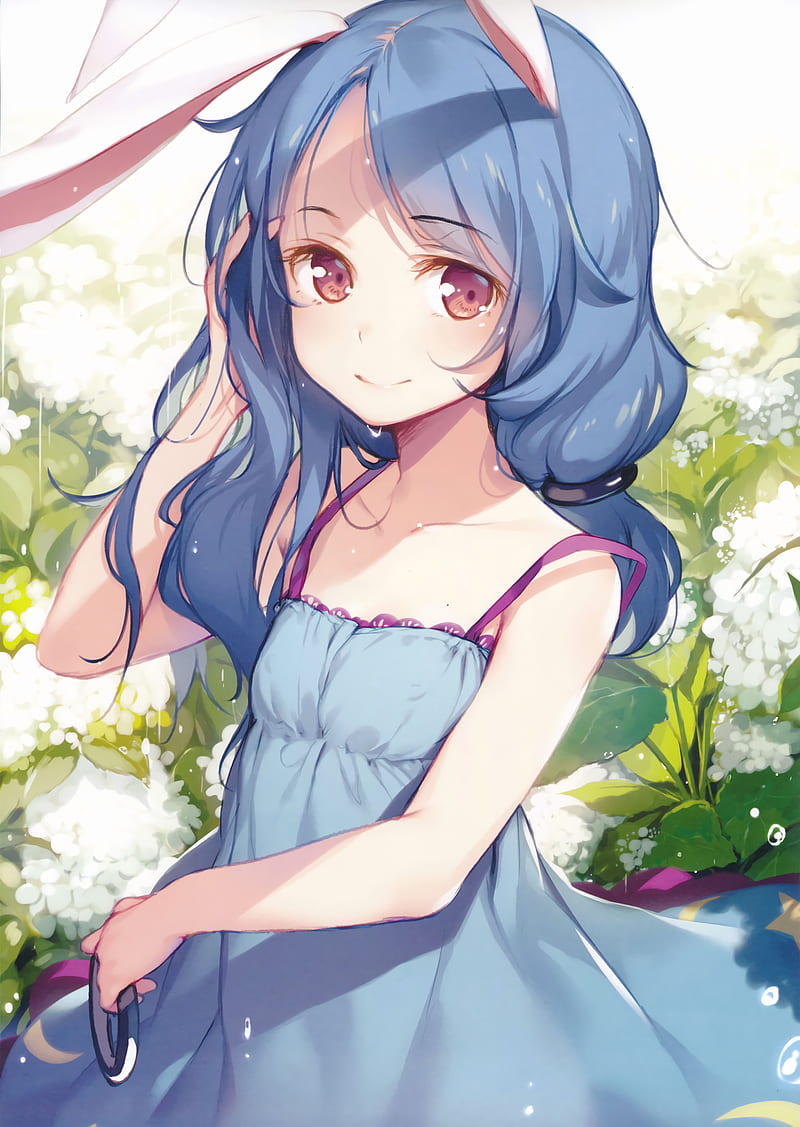 phone, blue dress, blue hair, garden, happy, bunny ears, HD phone wallpaper