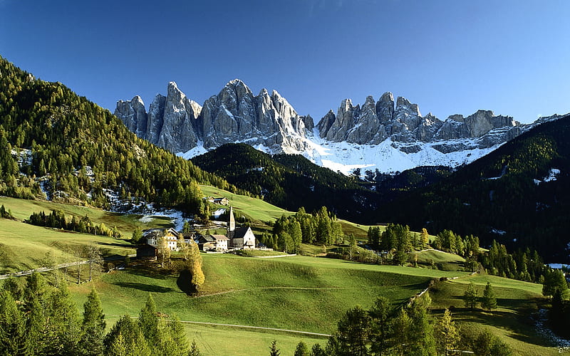 Italian Countryside Scenery, green, snow, houses, mountains, nature, trees, HD wallpaper