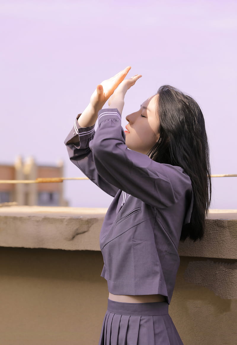 Chinese, women outdoors, long hair, sailor uniform, uniform, schoolgirl, black hair, closed eyes, arms, arms up, pale, HD phone wallpaper