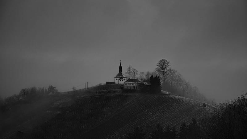 magical rural hilltop church in grayscale, rural, grayscale, fields, church, hill, fog, HD wallpaper
