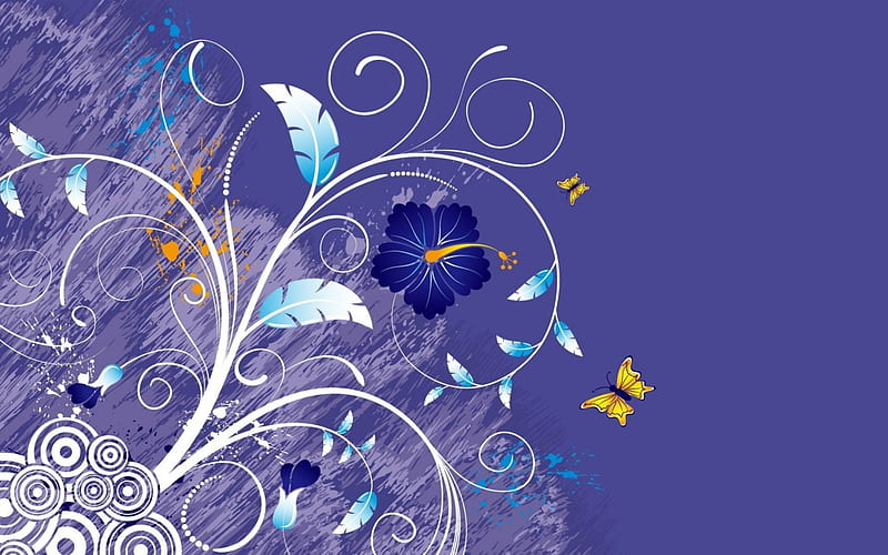 Hibiscus and butterflies, hibiscus, yellow, fantasy, butterfly, purple, texture, flower, blue, vector, HD wallpaper