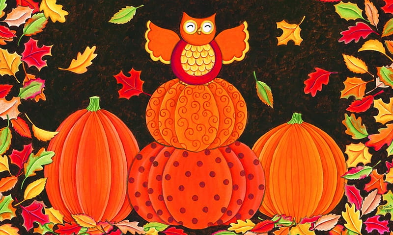 Pumpkin Party, owl, art, autumn, leaves, home, made, pumpkins, HD wallpaper