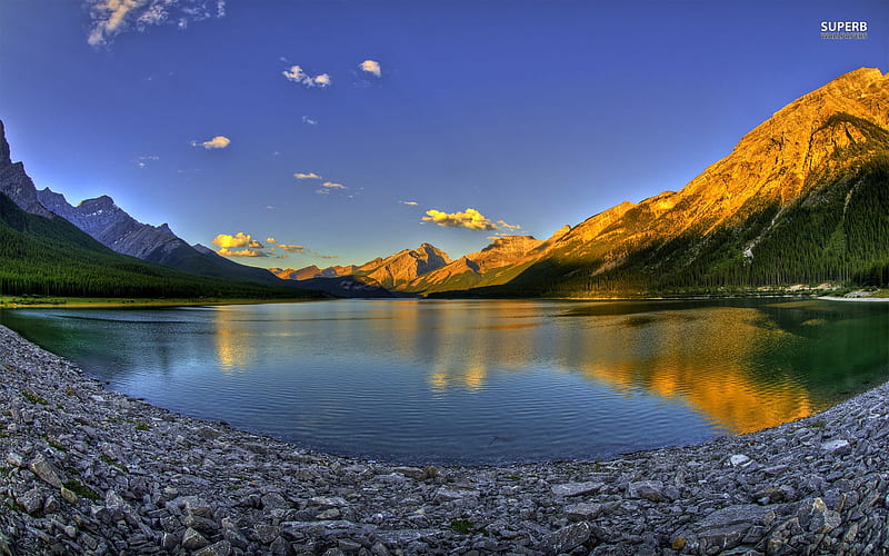 Canadian lake in the mountains, Mountains, Trees, Scree, Lake, Blue sky, HD wallpaper