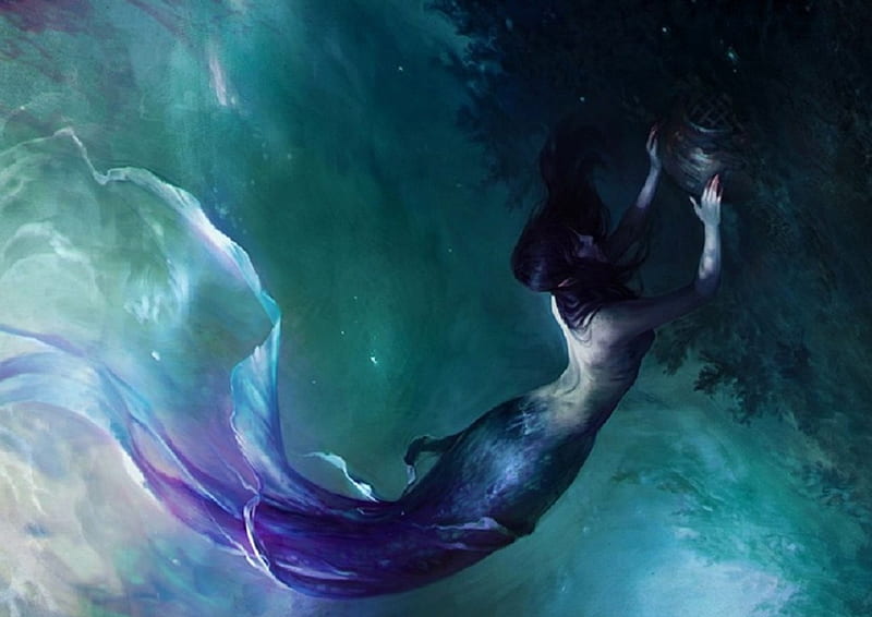 Purple Mermaid, pretty, underwater, art, mermaid, bonito, woman, fantasy, girl, purple, digital, blue, HD wallpaper