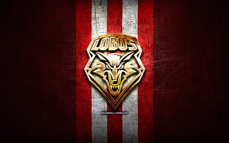 New Mexico Lobos, golden logo, NCAA, red metal background, american football club, New Mexico Lobos logo, american football, USA, HD wallpaper