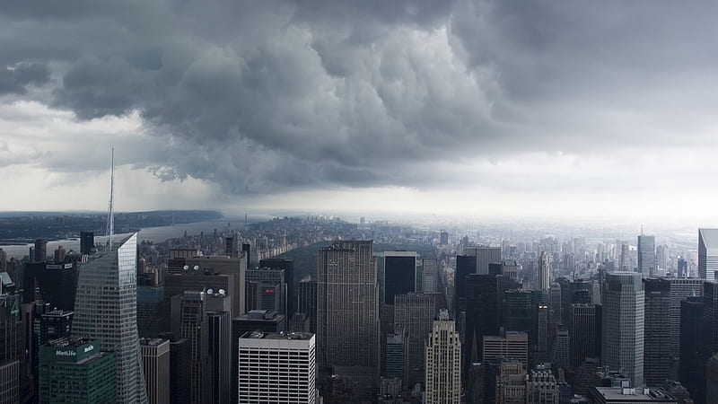 rain storm moving over new york city, city, bridge, river, rain, clouds, storm, skyscrapers, HD wallpaper