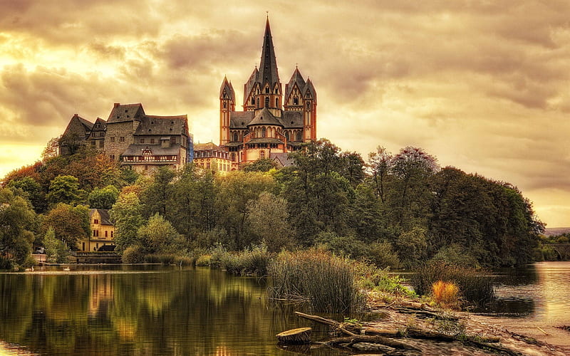 Limburg Cathedral, Georgsdom, Limburg, Catholic temple, evening, sunset, Hesse, Germany, HD wallpaper
