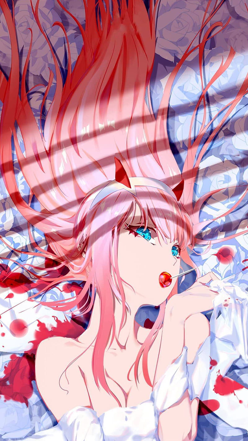 anime games, anime girls, Darling in the FranXX, Zero Two (Darling in the FranXX), pink hair, blue eyes, horns, lolipop, HD phone wallpaper