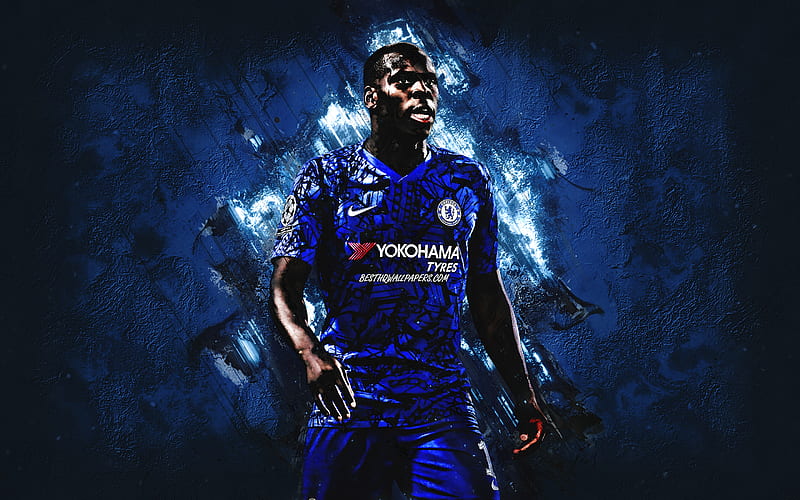Kurt Zouma, French footballer, Chelsea FC, portrait, blue stone background, England, football, Premier League, Zouma Chelsea FC, HD wallpaper