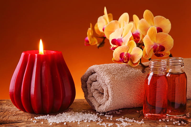 Spa still lfie, red, candle, lovely, still lfie, relax, bonito, flame, orchid, spa, flowers, HD wallpaper