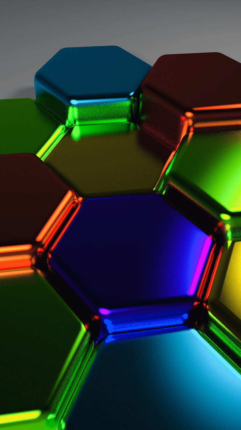 Metal Hexagons, 3D, abstract, blue, colorful, colors, geometric, geometry, gradient, gray, green, heights, hexa, light, lighting, material, mirrors, polygons, purple, reflections, render, round, rounded, smooth, smoothing, violet, white, yellow, HD phone wallpaper