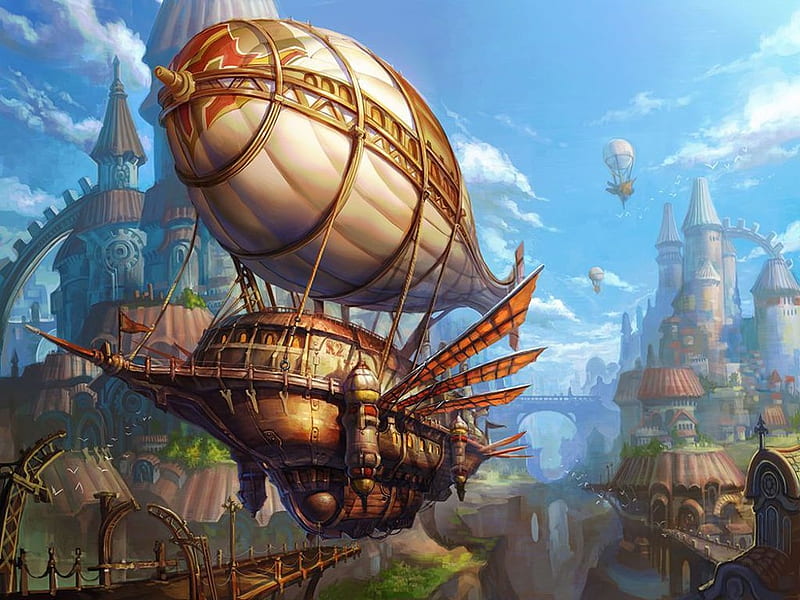 Steampunk Pirate Ship, city, balloon, towers, future, buildings, HD wallpaper