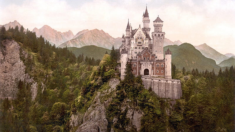 Castle, forest, mountains, kingdom, sky, HD wallpaper