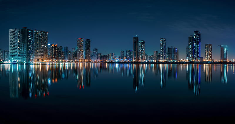 Cities, City, Building, Night, Reflection, Sharjah, Skyscraper, United Arab Emirates, Water, HD wallpaper
