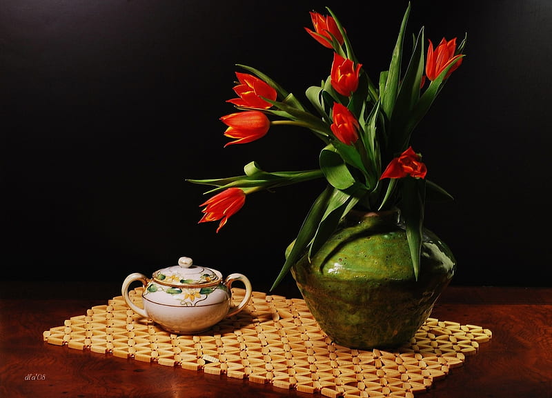red tulips, sugar bowl, red, still life, green, vase, bonito, tulips, HD wallpaper
