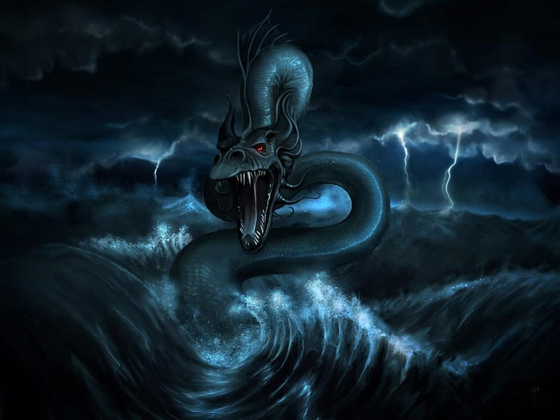 King Of The Boiling Sea, water, lighting, waves, clouds, sky, sea, snake, HD wallpaper