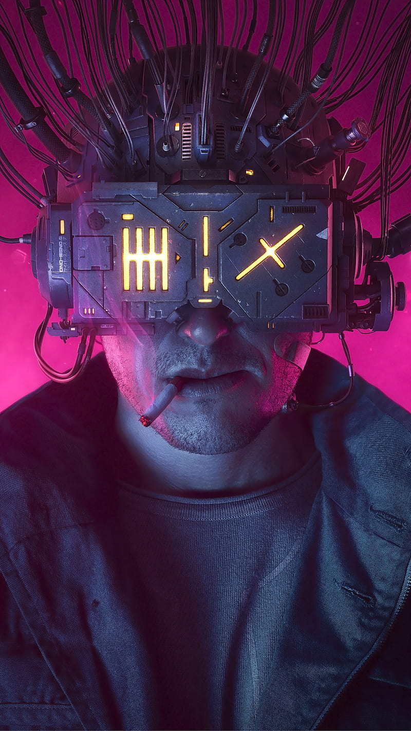 Rafael Moco, portrait, jacket, wires, helmet, Neuromancer, cyberspace, cigarettes, cyberpunk, HD phone wallpaper