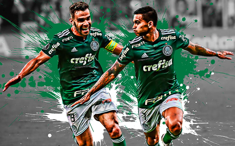 Dudu, Bruno Henrique Brazilian football players, Palmeiras, forwards, green-white paint splashes, creative art, Serie A, Brazil, football, grunge, HD wallpaper