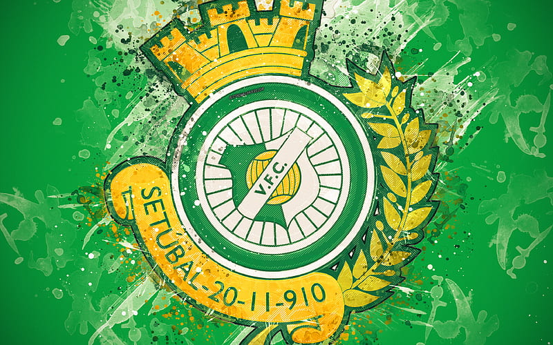 Vitoria Setubal FC paint art, logo, creative, Portuguese football team, Primeira Liga, emblem, green background, grunge style, Setubal, Portugal, football, HD wallpaper