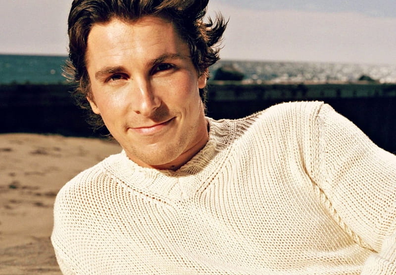 Christian Bale, beach, smile, man, white, actor, HD wallpaper