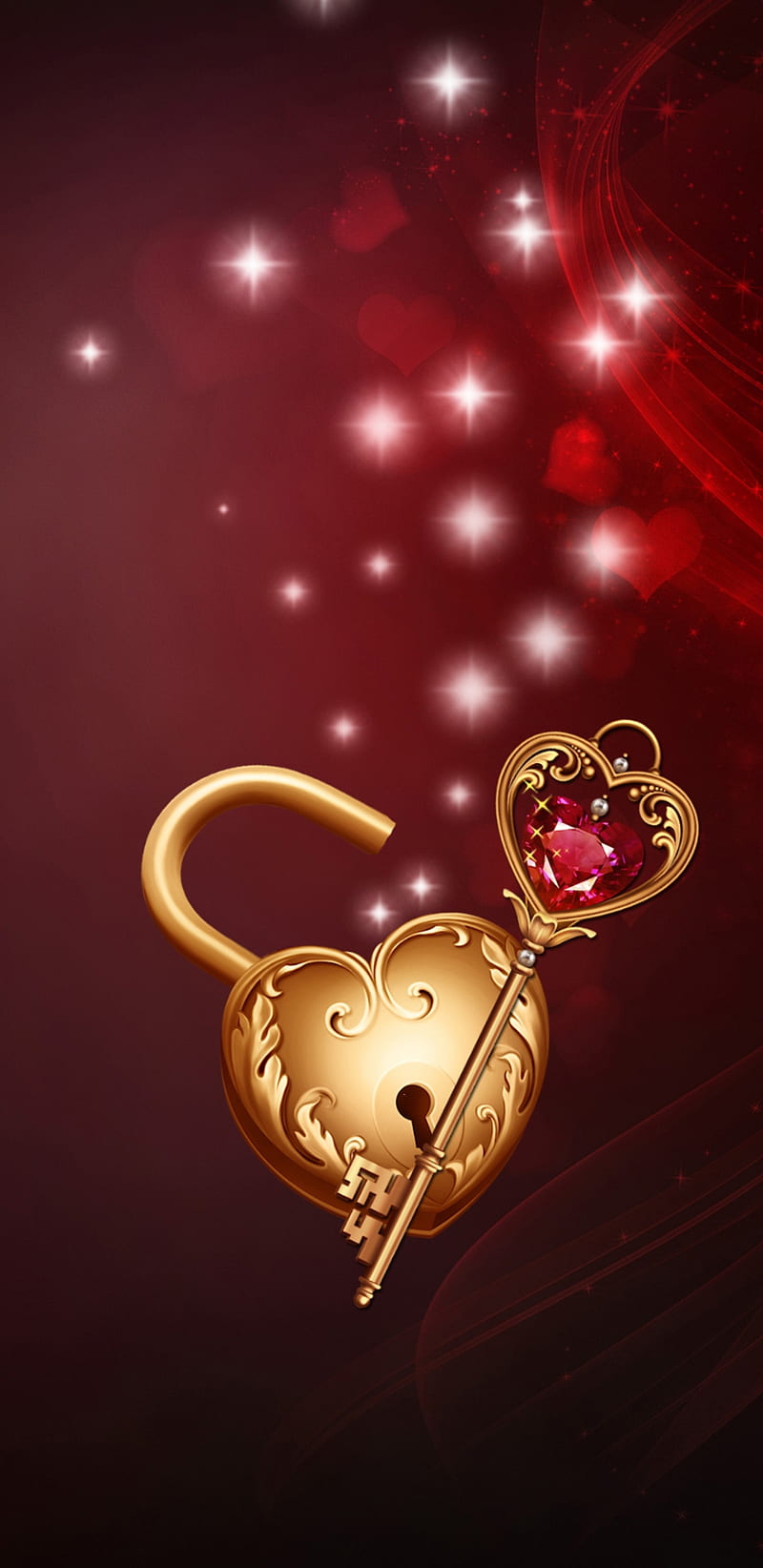 Unlock My Heart, heart, love, key, red, sparkle, locket, gem, HD phone wallpaper