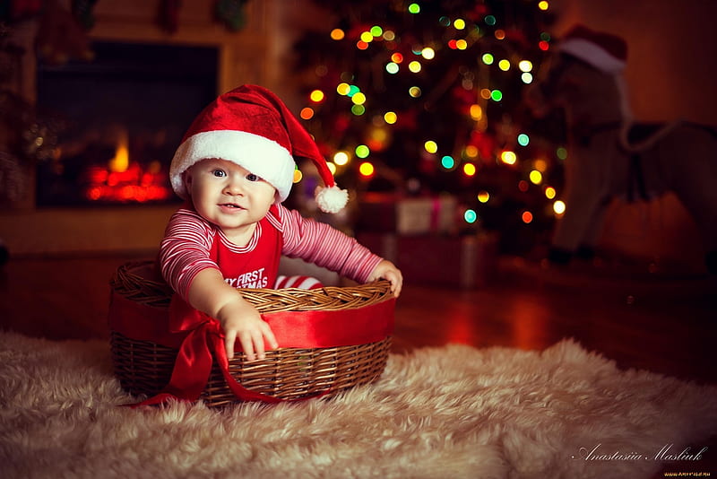 Little Santa, Christmas tree, Decoration, Christmas hat, Smile, Girl, HD wallpaper