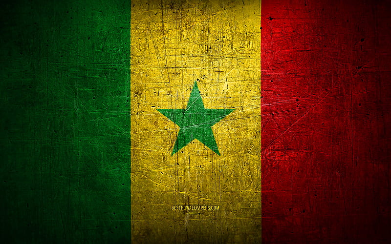 Senegalese metal flag, grunge art, African countries, Day of Senegal, national symbols, Senegal flag, metal flags, Flag of Senegal, Africa, Senegalese flag, Senegal, HD wallpaper