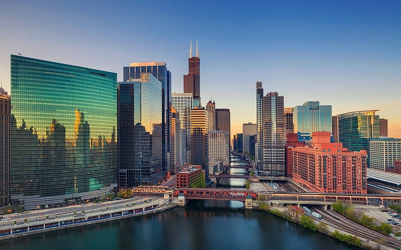 Chicago, skyscrapers, night, sunset, USA, Illinois, HD wallpaper