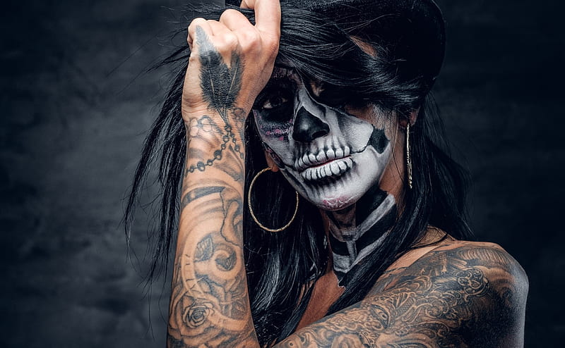 halloween, cara pintada, huesos, máscara, tatuaje, calavera, niña, mujer, Fondo de pantalla HD