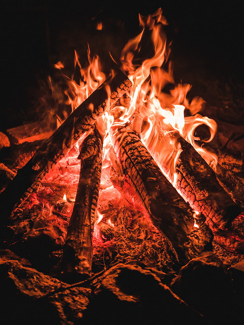 bonfire, logs, fire, flame, dark, HD phone wallpaper