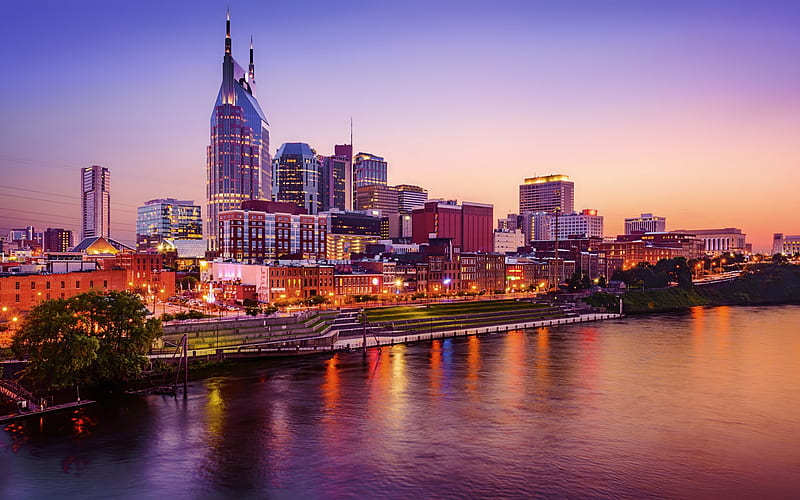 Cumberland River in Nashville, twilights, buildings, houses, evening, nature, river, sunset, lights, cityscape, HD wallpaper