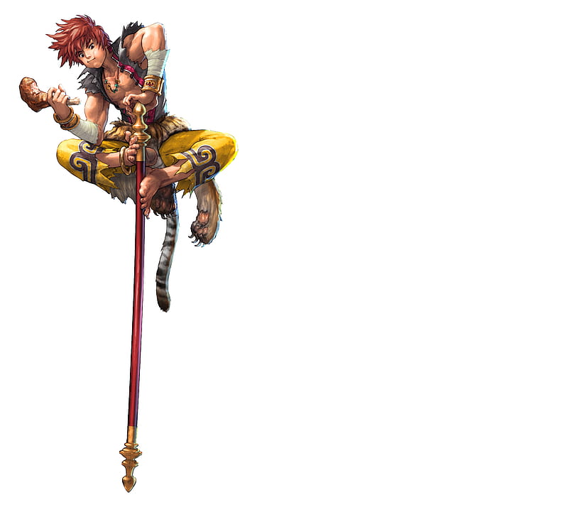Xiba, staff, games, video games, white background, spiky hair, anime, drumstick, bare feet, male, necklace, tail, red hair, pole, paws, solo, wristbands, soul calibur, HD wallpaper